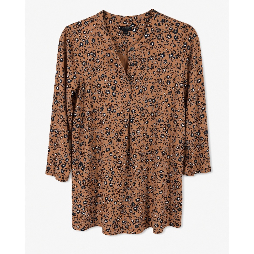 J. Jill Wearever Brown Floral Tunic Top Stretch Knit 3/4 Sleeve Small RN97641